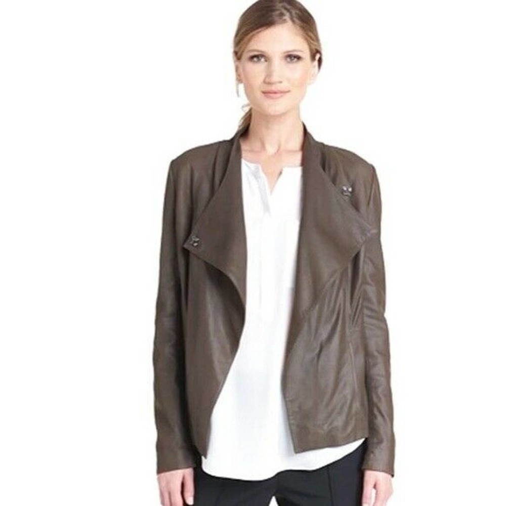 NWOT Rachel Roy Brown Leather Jacket Asymmetrical Stretch Inserts